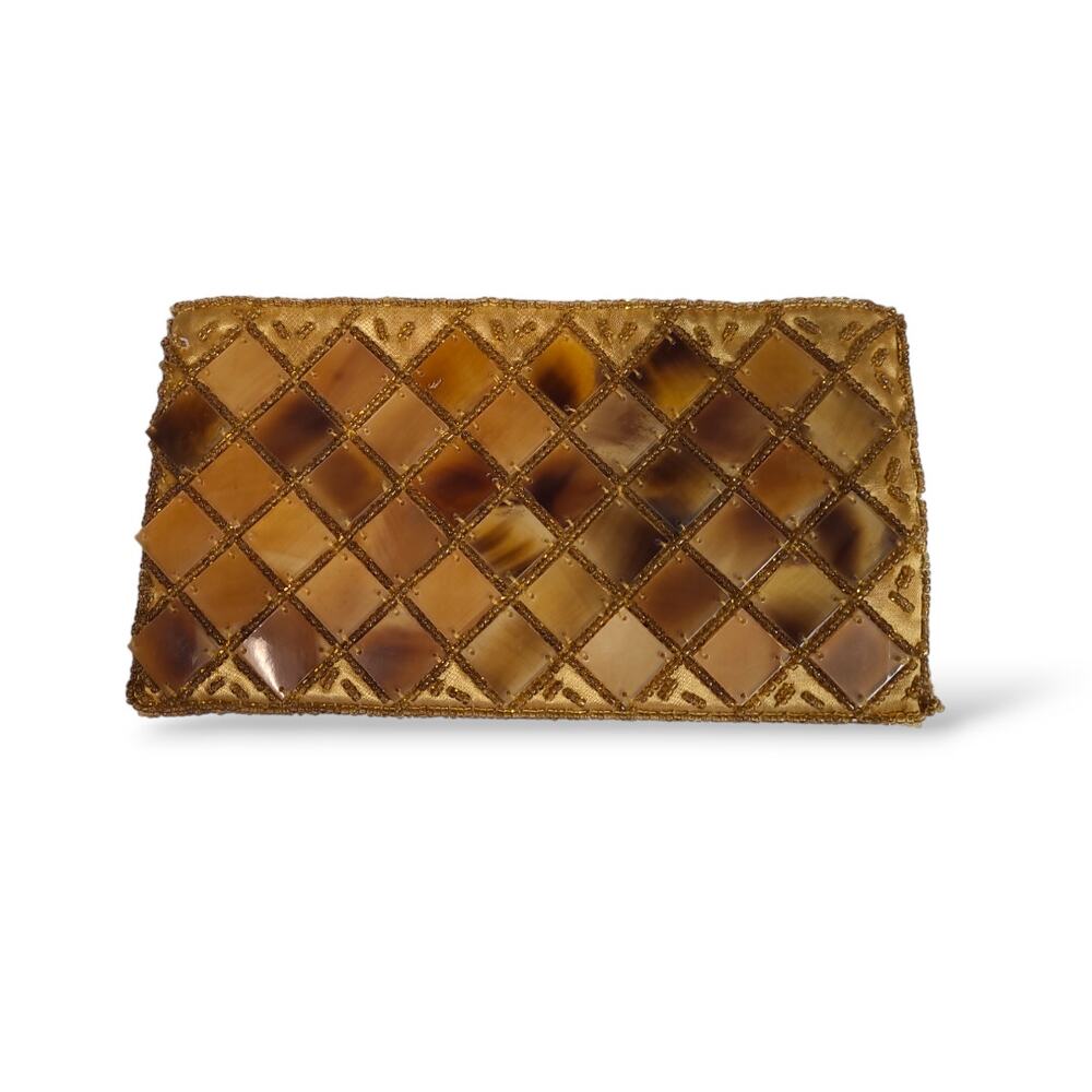 Jivana Faux Tortoiseshell Plastic Tile Seed Bead Zipper Bag Vintage Brown Gold